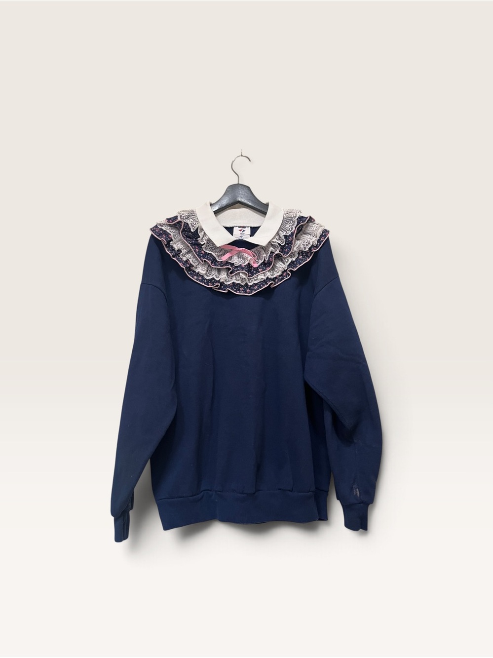Vintage Navy Ruffle Collar Sweatshirt with Lace Trim